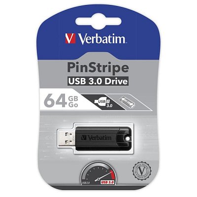 64GB USB Flash 3.0 PinStripe Bk VERBATIM