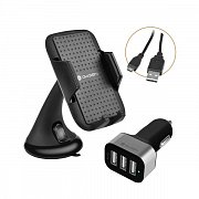 Auto SET GoGEN 3 v 1, držák na mobil, autonabíječka, mikro USB kabel, kroucený, 1,2m, černá barva