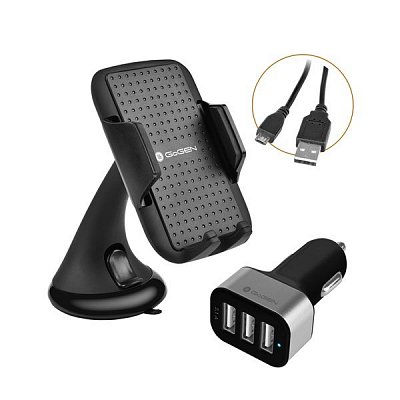 Auto SET GoGEN 3 v 1, držák na mobil, autonabíječka, mikro USB kabel, kroucený, 1,2m, černá barva