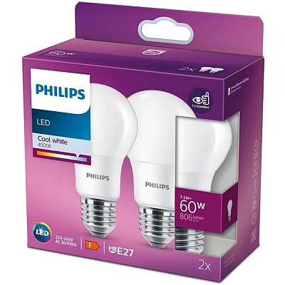 LED 60W A60 E27 4000K 2-pack PHILIPS